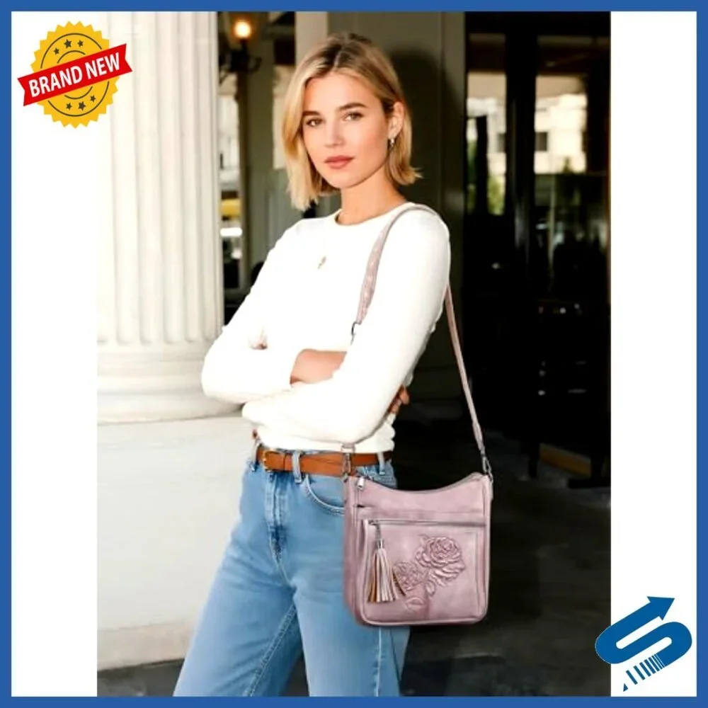 Vegan Leather Hobo Purse Crossbody Bag Embossed Floral Retro Chic Travel_2